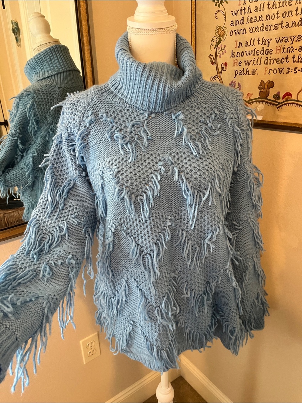 &Merci Light Blue Frayed Knit Turtleneck Sweater
